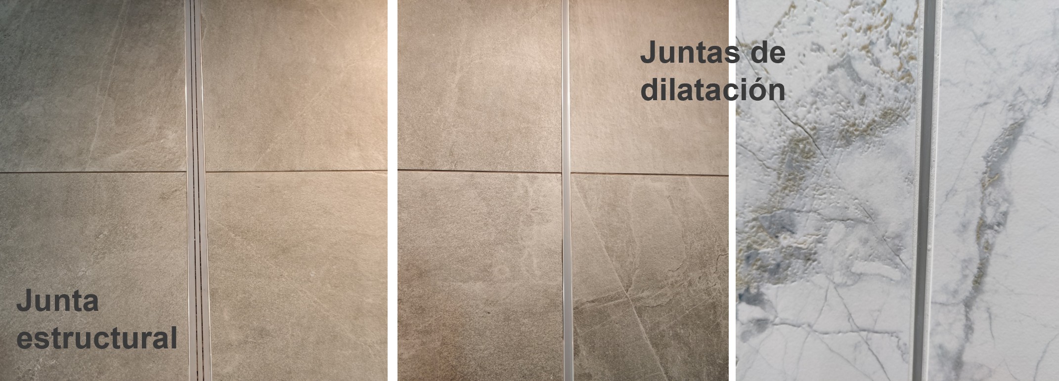 Imagen de junta estructural y juntas de dilatación en revestimiento cerámico, con ejemplos de su ubicación entre distintos paños de baldosas.