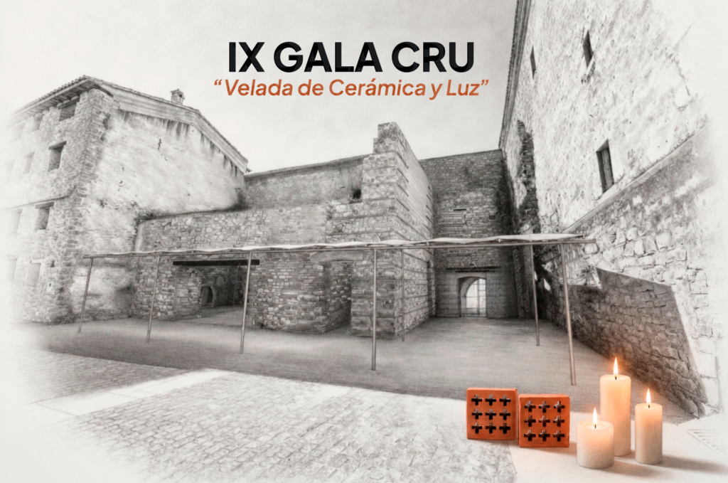 Cartel de la IX Gala CRU “Velada de Cerámica y Luz”, con una ilustración de arquitectura de piedra, piezas cerámicas y velas encendidas.