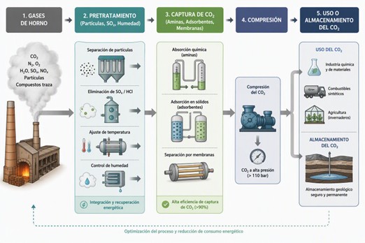 Esquema del proceso de captura de CO₂ en la industria cerámica: gases de horno, pretratamiento, captura, compresión y uso o almacenamiento